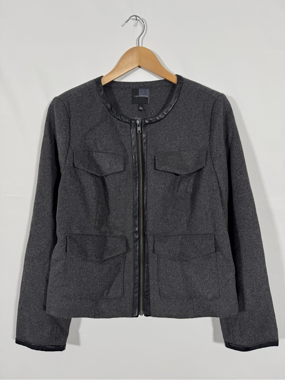 WJT22 {The Limited} Gray Black Faux Leather Trim Wool Blend Blazer Suit Coat